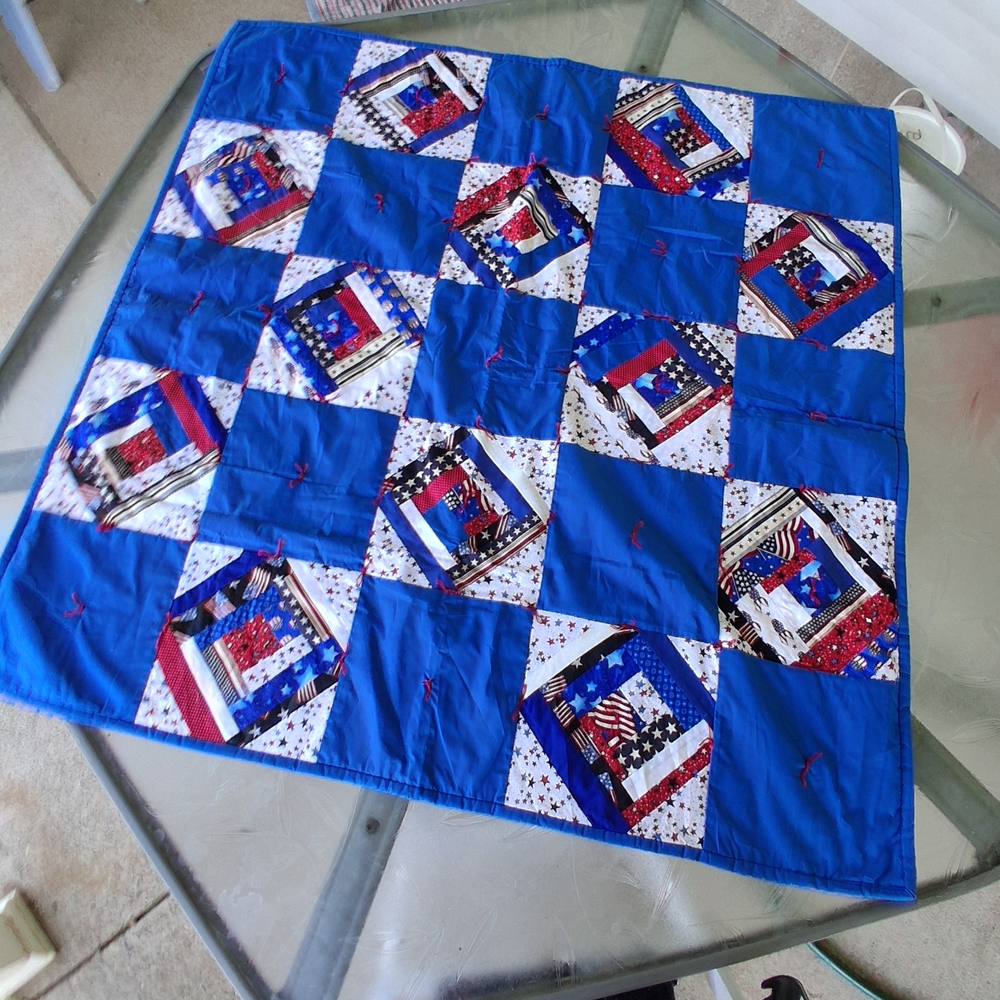 Patriotic  Patchwork Red White Blue Homemade Hand Tied Machine Lap Throw Quilt
